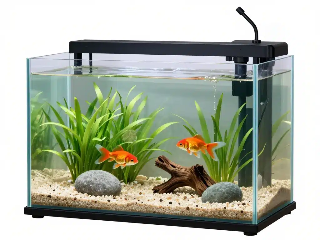 Schéma aquarium optimisé pour ryukin, espace, plantes, filtration