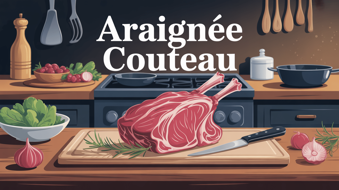 araignée couteau morceau boeuf et couteau boucher sur planche