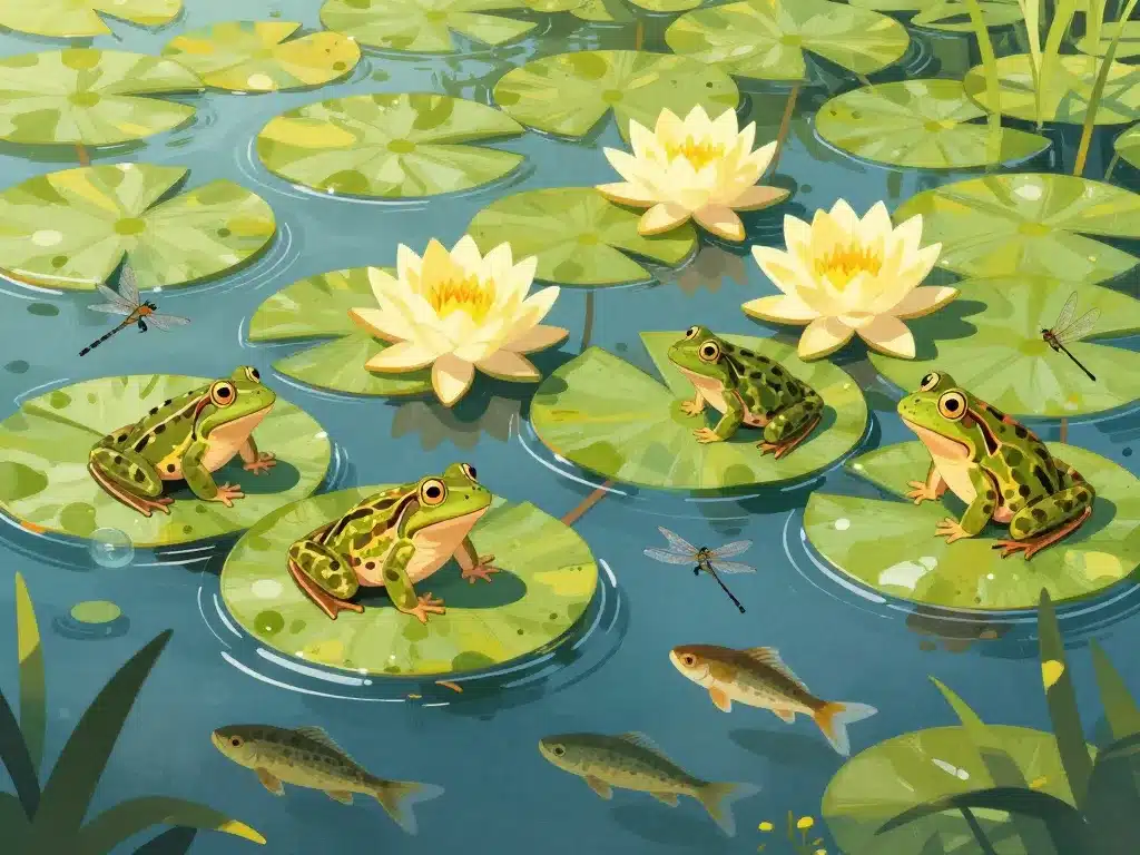 Scène écosystème nenuphar animal interactions faune aquatique