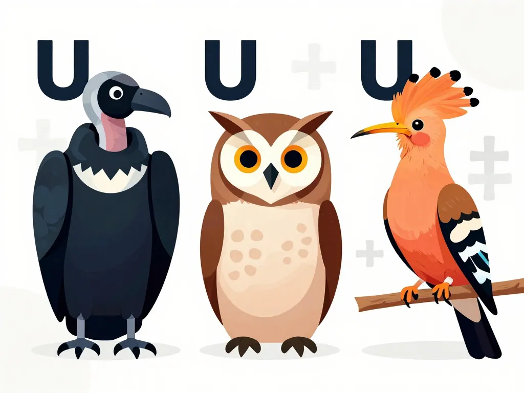 Trois oiseaux u urubu ulu upupa alignés