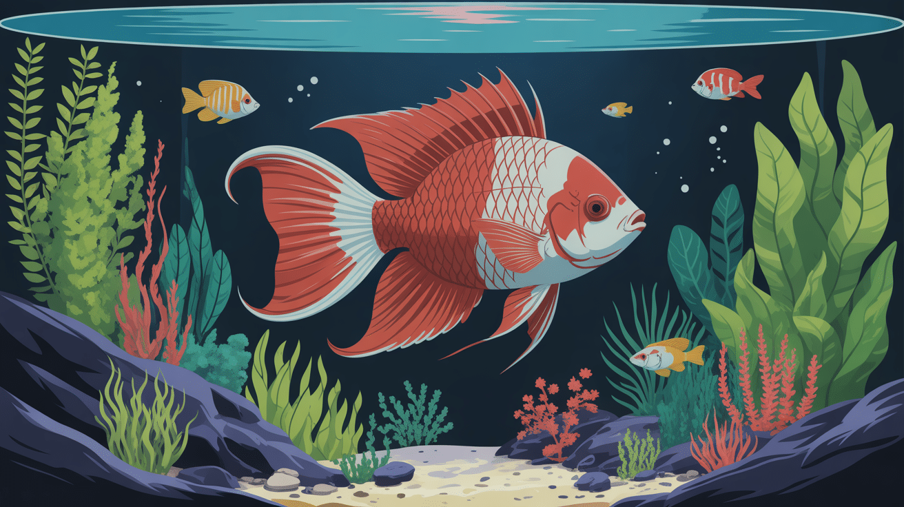 Magnifique ryukin nageant dans un aquarium spacieux, plantes vertes