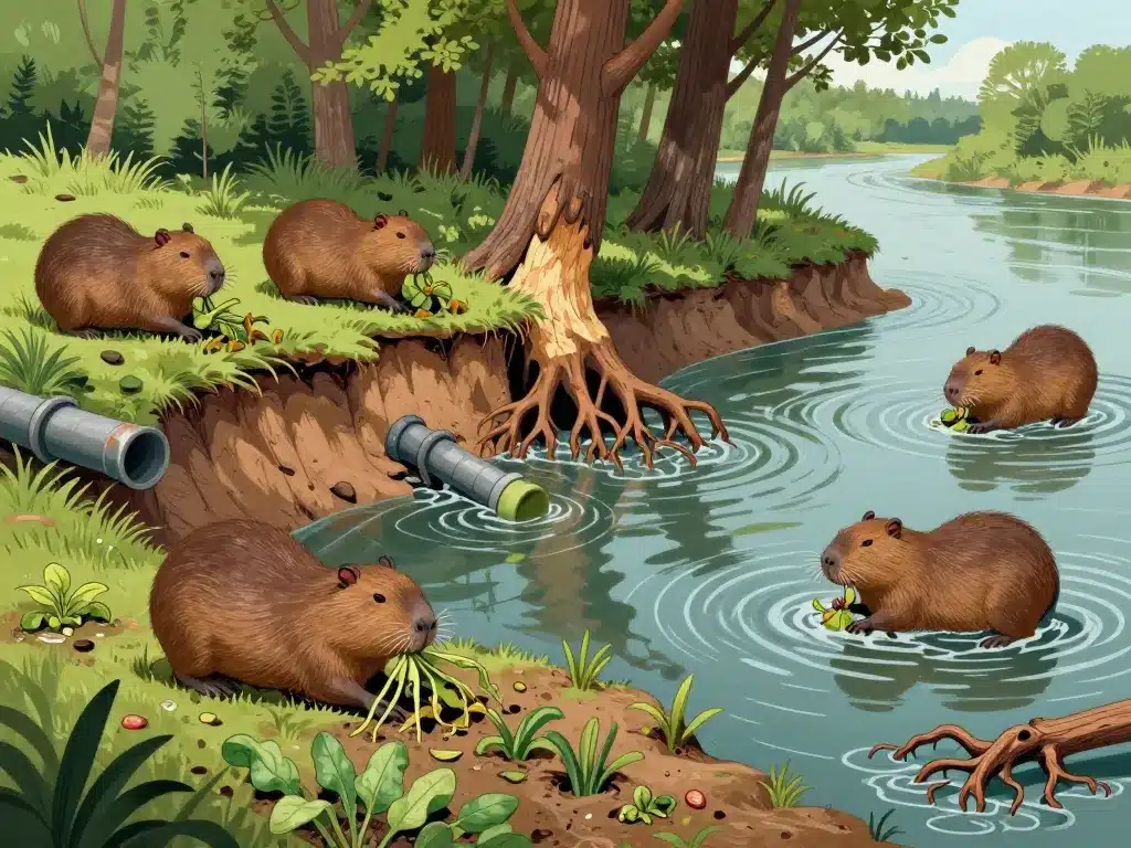 dégâts ragondin dent sur berges arbres et cultures