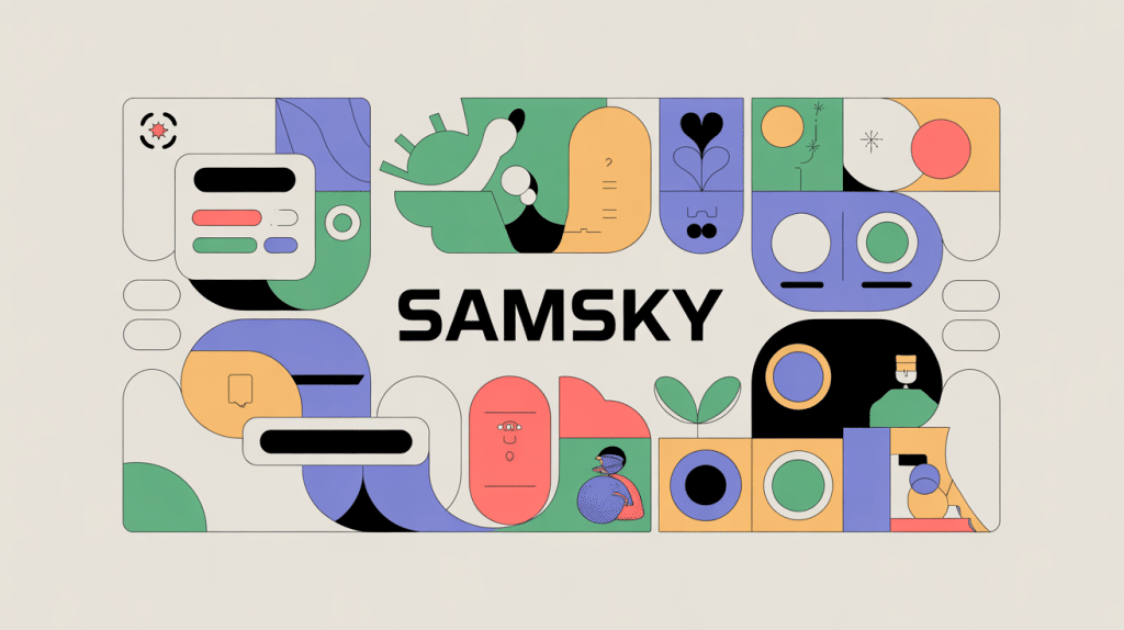 Illustration univers numérique Samsky, technologie, créativité et simplicité