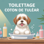 Illustration toilettage coton de Tuléar sur table