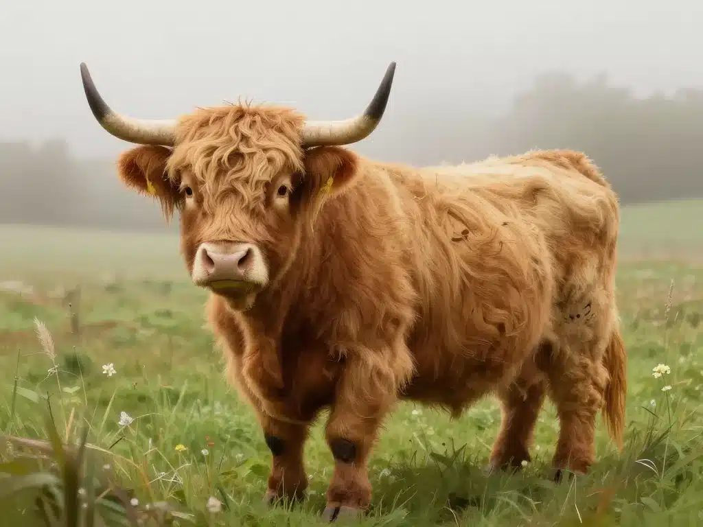 illustration éditoriale vache fluffy Highland poil long