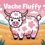 illustration vache fluffy peluche et Highland dans prairie kawaii