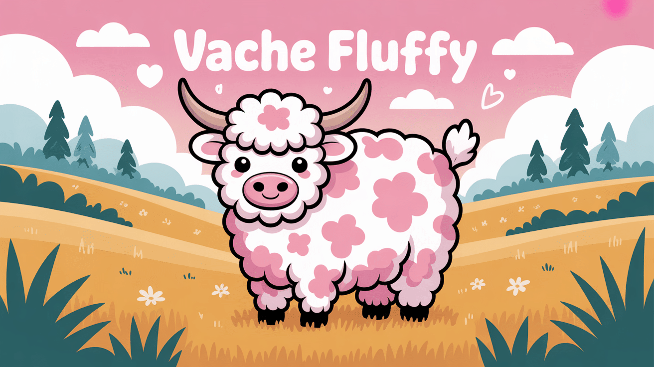 illustration vache fluffy peluche et Highland dans prairie kawaii