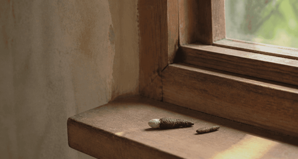 crotte de gecko et souris sur rebord de fenêtre