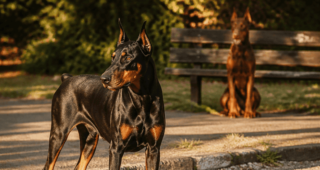 doberman couleur noir et feu et marron et feu