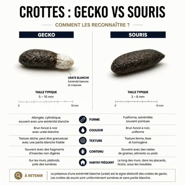 Comparaison visuelle entre une crotte de gecko et une crotte de souris pour identification