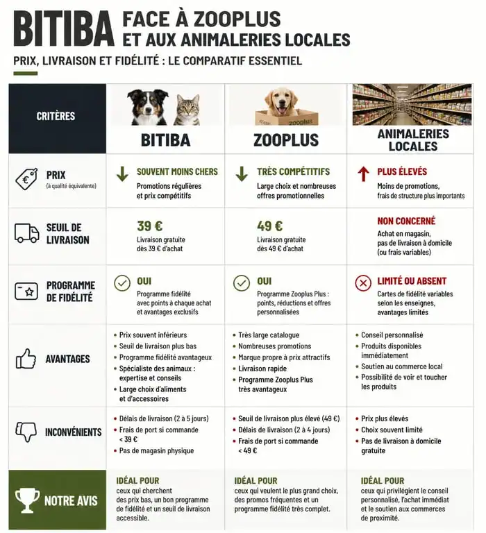 Infographie comparative des services et prix de l'animalerie en ligne Bitiba par rapport à la concurrence