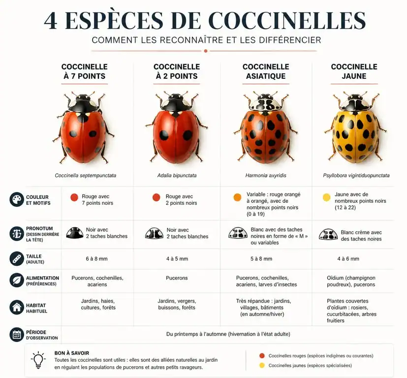 Infographie comparative des différentes espèces de coccinelles et leur signification