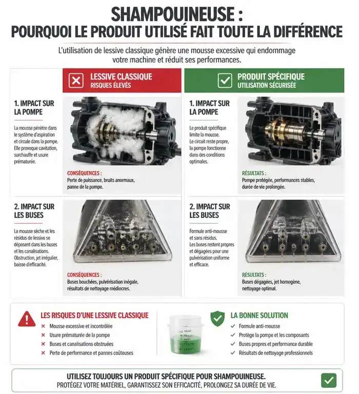 Infographie des risques de l'utilisation de lessive classique dans une shampouineuse