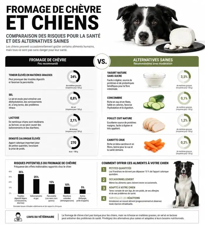 Infographie sur les risques et bienfaits du fromage de chèvre pour chien