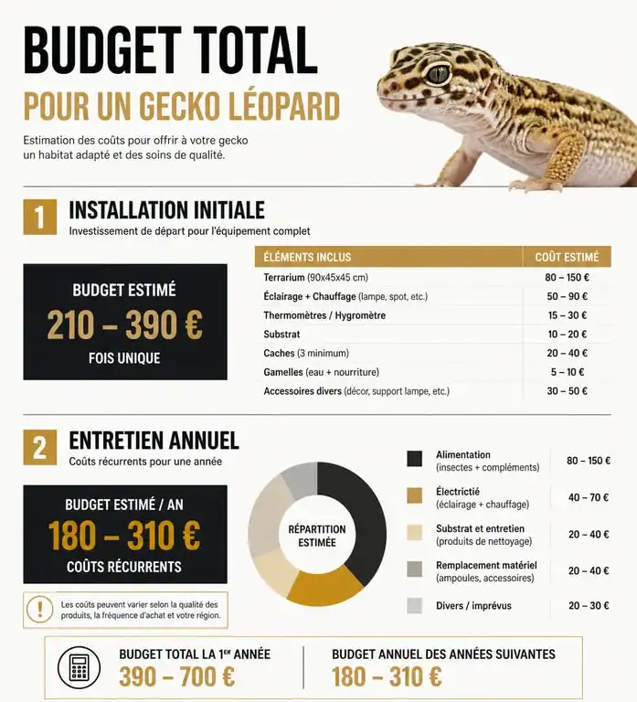 Infographie récapitulative des coûts d'achat et d'entretien d'un gecko léopard