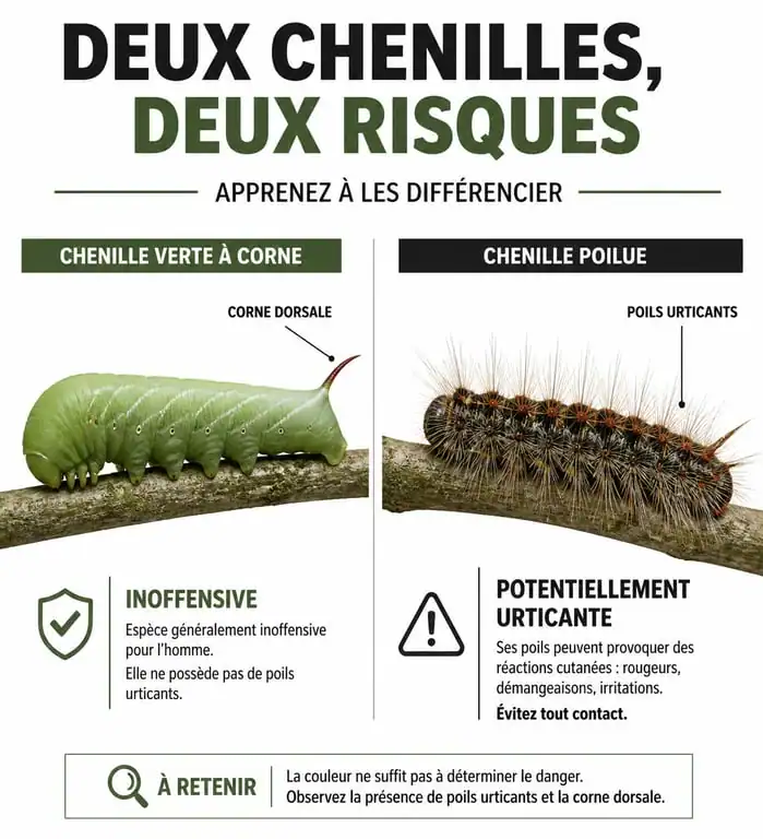 Infographie comparative pour identifier une chenille verte fluo dangereuse ou inoffensive dans le jardin