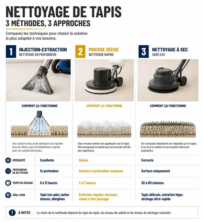 Infographie comparative des méthodes de nettoyage de tapis professionnel