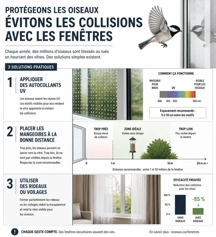 Infographie des solutions pour éviter les collisions d'oiseaux contre les vitres