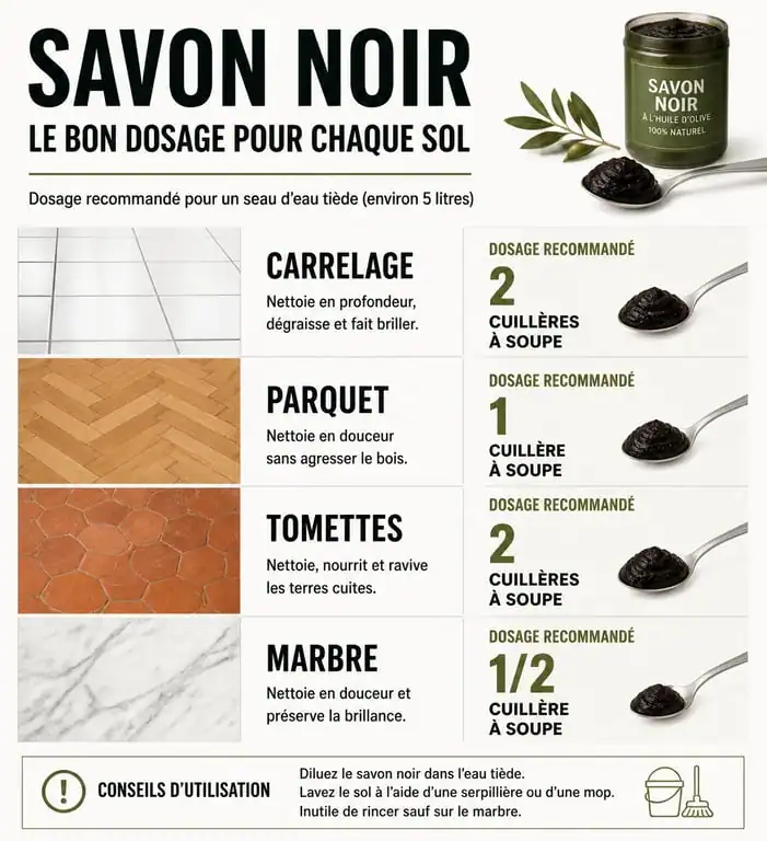 Infographie récapitulative du dosage du savon noir pour le nettoyage des sols