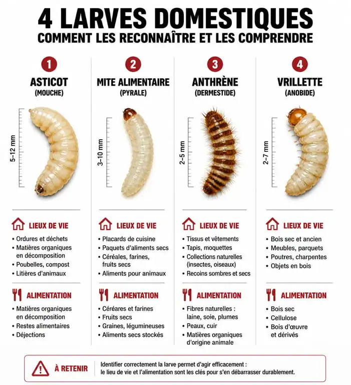 Infographie comparative des larves domestiques pour identification : asticot, mite alimentaire, anthrène et vrillette.