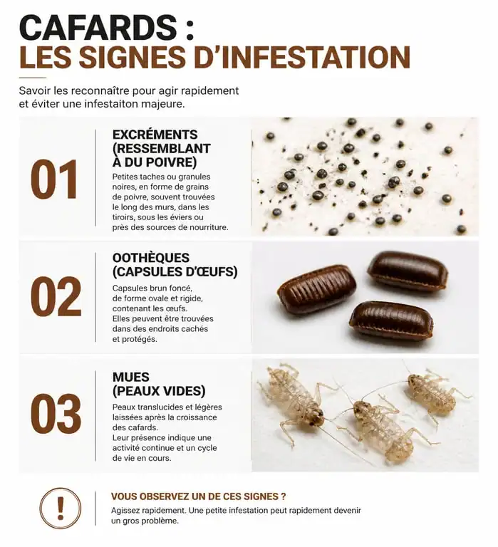 Infographie des signes d'infestation de cafards : excréments, oothèques et mues pour identifier la présence de blattes