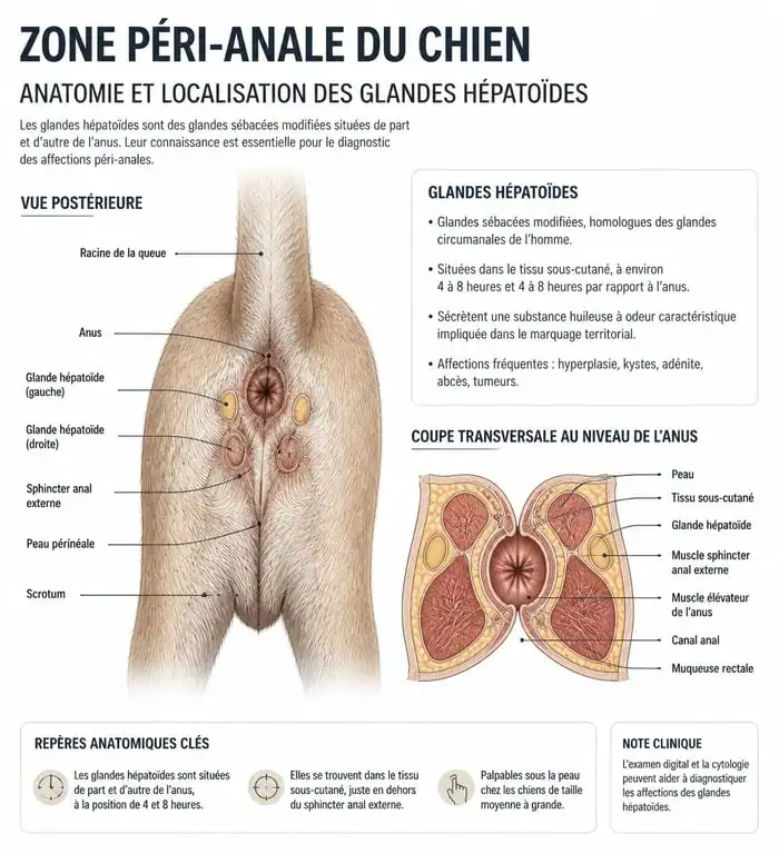 Schéma anatomique des glandes péri-anales et localisation du circumanalome chez le chien