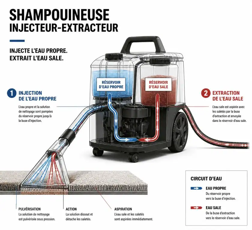 Schéma de fonctionnement d'une shampouineuse pour le nettoyage de tapis et moquettes