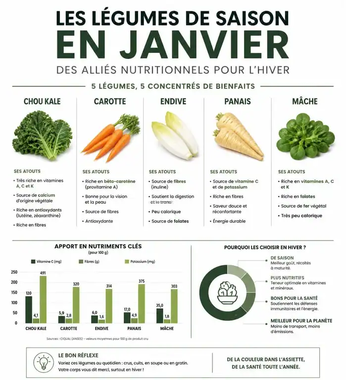 Infographie des bienfaits nutritionnels des légumes de saison en janvier