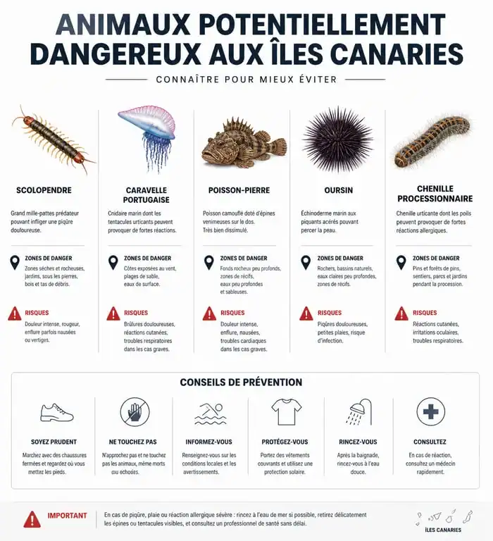 Infographie des animaux dangereux aux îles Canaries et conseils de prévention pour les voyageurs