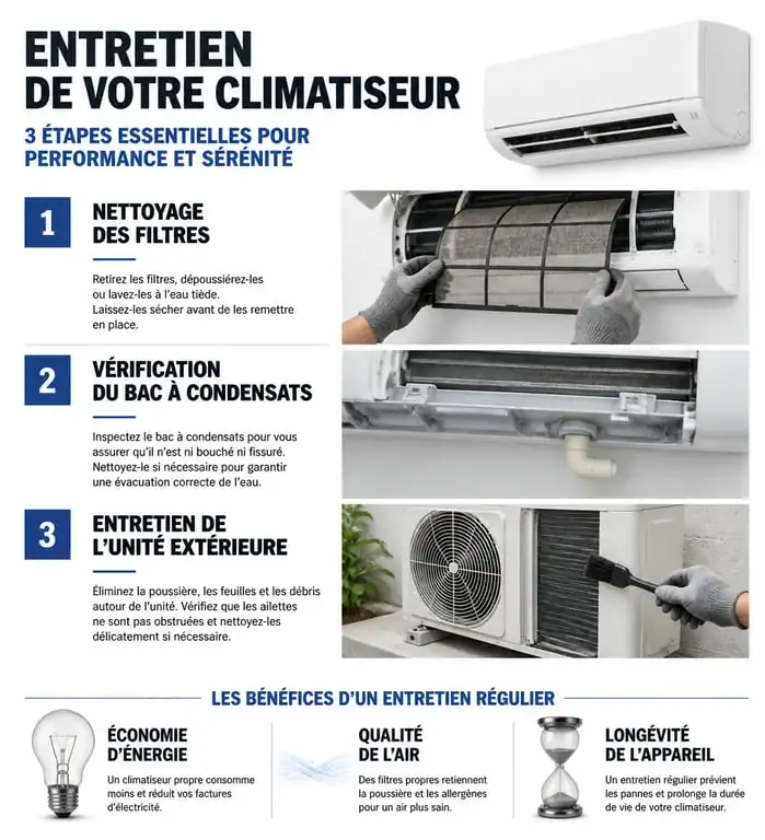 Infographie des étapes d'entretien climatiseur pour une performance optimale