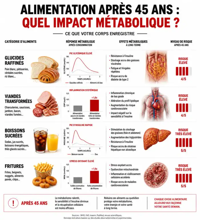 Infographie sur les 4 aliments à éviter après 45 ans pour la santé métabolique