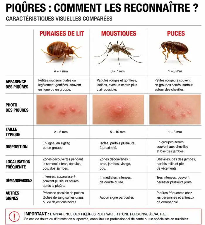 Infographie comparative des piqûres de punaises de lit, moustiques et puces pour identifier les symptômes