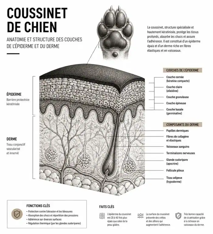 Schéma anatomique du coussinet de chien expliquant la structure et la cicatrisation après un coussinet arraché