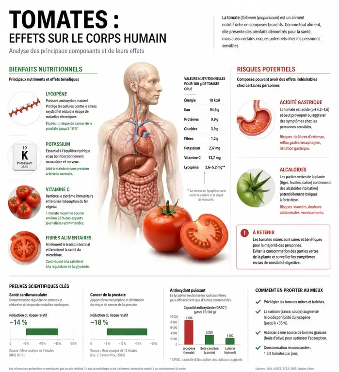 Infographie sur les bienfaits et les risques d'une consommation excessive de tomates pour la santé