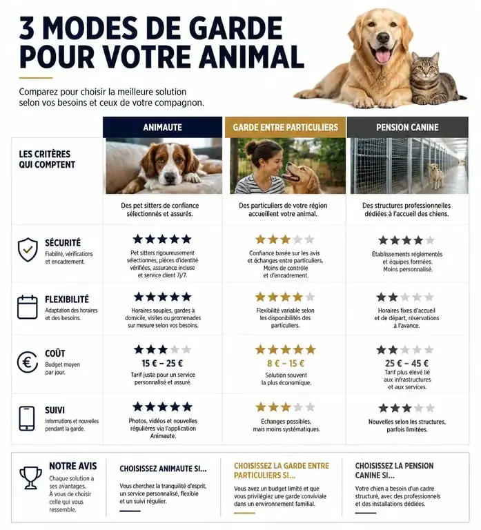 Comparatif des solutions de garde d'animaux : Animaute vs particuliers vs pensions