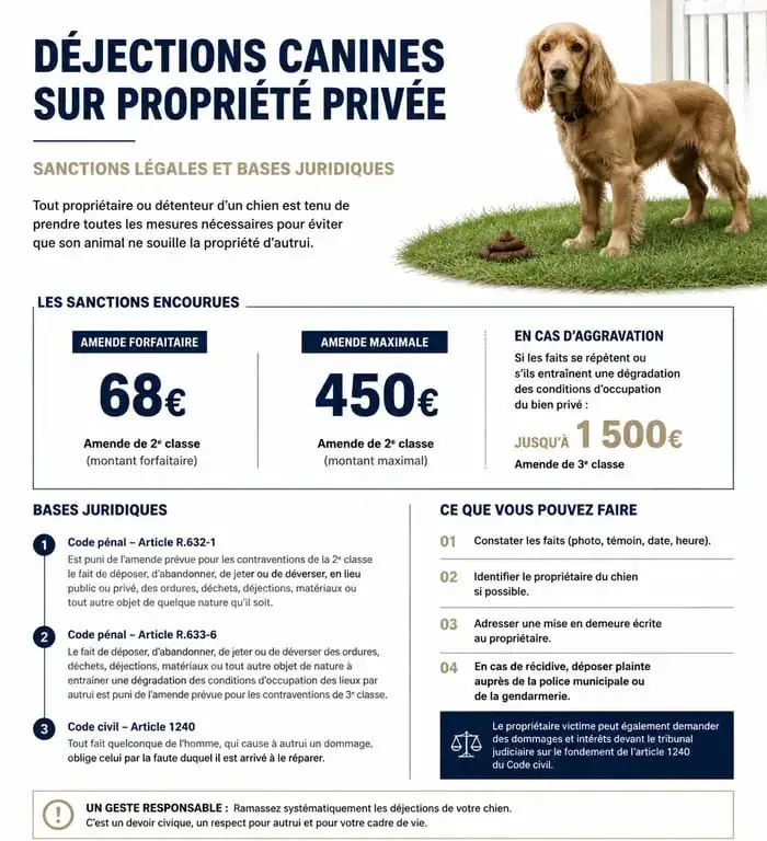Infographie récapitulative des sanctions légales pour déjection canine sur propriété privée