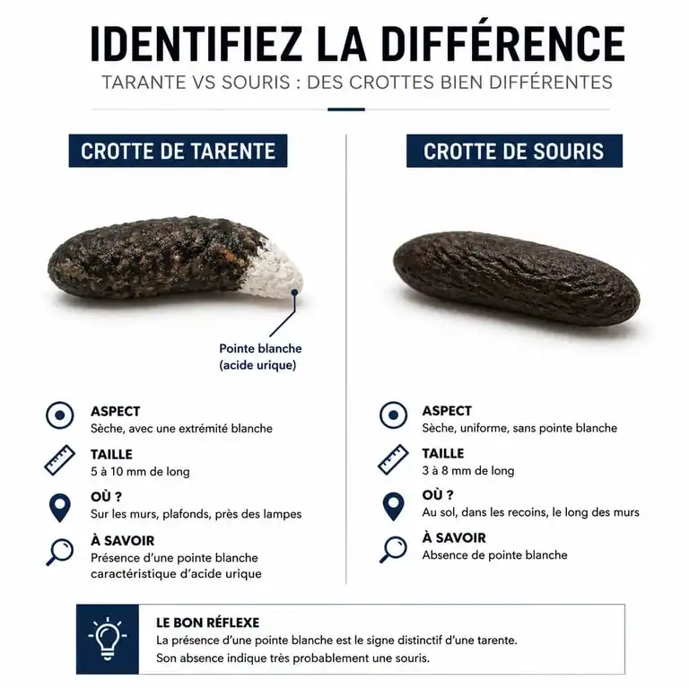 Comparaison visuelle entre une crotte de tarente avec pointe blanche et une crotte de souris pour identification