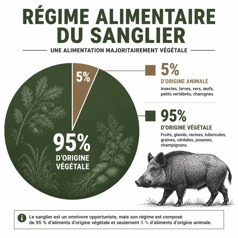 Infographie illustrant la répartition du régime alimentaire du sanglier : 95% végétal et 5% animal
