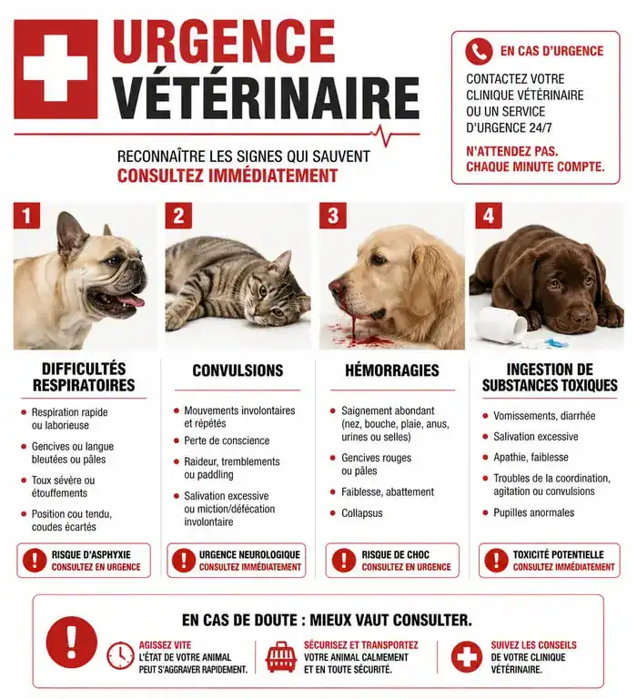 Infographie des signes cliniques d'urgence vétérinaire pour savoir quand consulter en urgence