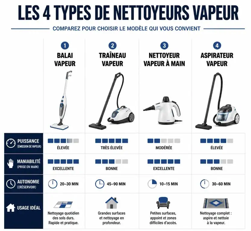 Infographie comparative des types de nettoyeurs vapeur pour choisir le meilleur nettoyeur vapeur selon ses besoins