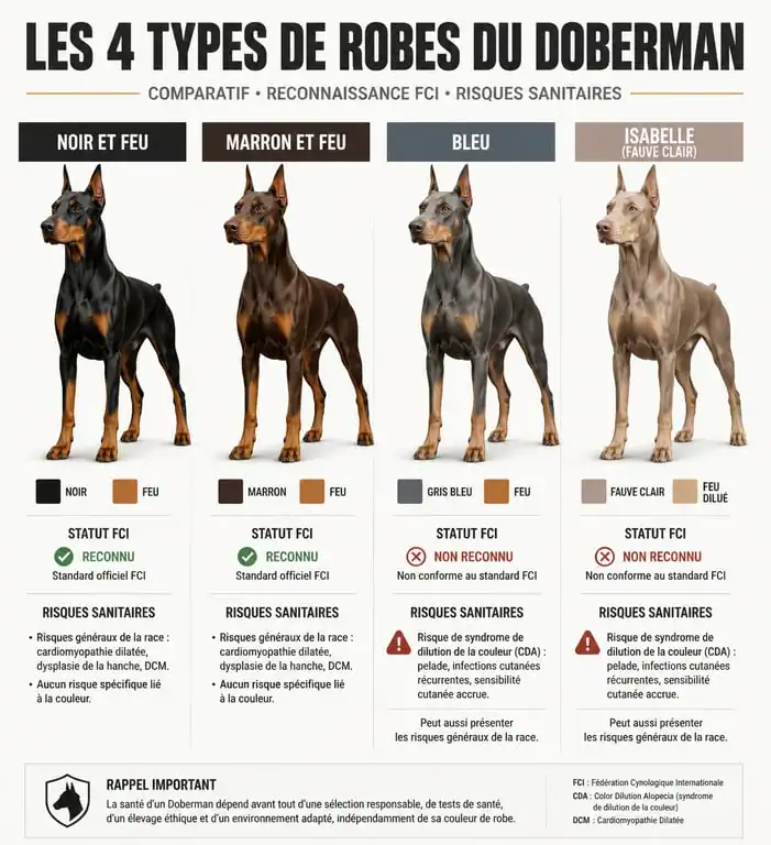 Infographie comparative des couleurs de robe du Doberman : Noir et Feu, Marron et Feu, Bleu et Isabelle avec leurs caractéristiques et risques sanitaires.
