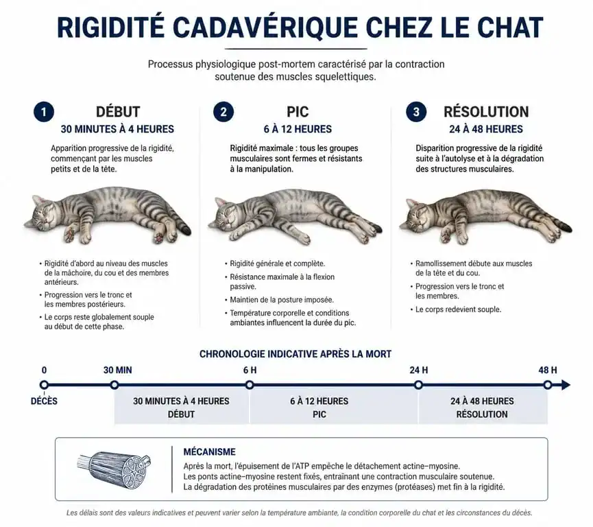 Infographie explicative de la rigidité cadavérique (rigor mortis) chez le chat : étapes et délais