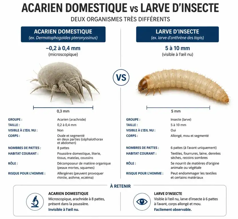 Schéma comparatif : acarien vs larve de mite de poussière