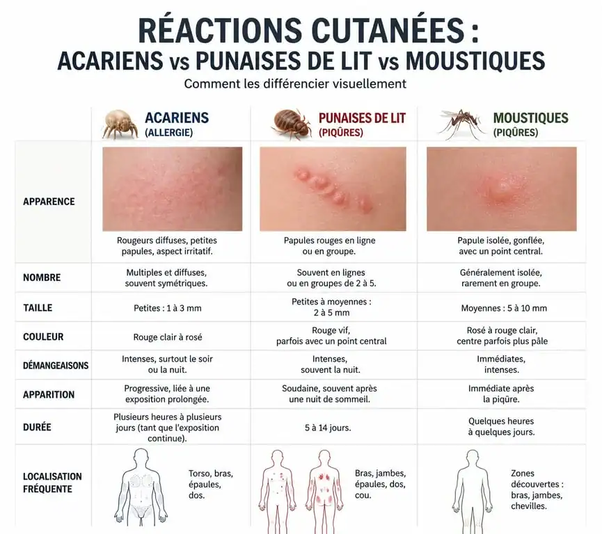 Infographie comparative des symptômes : bouton acariens lit vs punaise de lit vs moustique