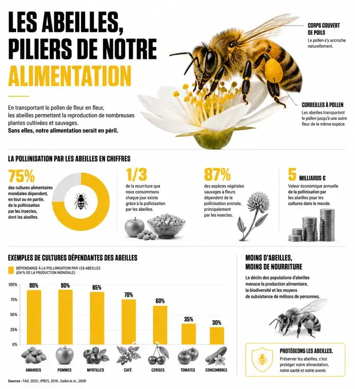 Infographie sur le rôle des abeilles dans la pollinisation et la sécurité alimentaire pour la Journée mondiale des abeilles 2025