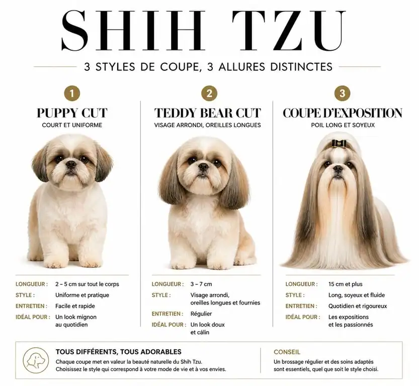 Comparatif des styles de coupe pour Shih Tzu : Puppy Cut, Teddy Bear et poil long