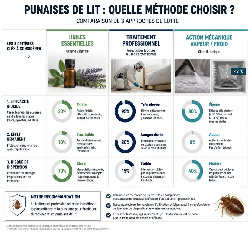 Infographie comparative des méthodes de traitement contre les punaises de lit : huiles essentielles, traitement professionnel et action mécanique.