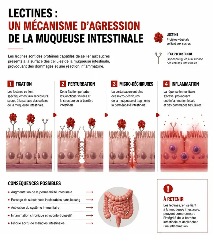 Infographie expliquant l'impact des lectines sur la barrière intestinale et l'inflammation