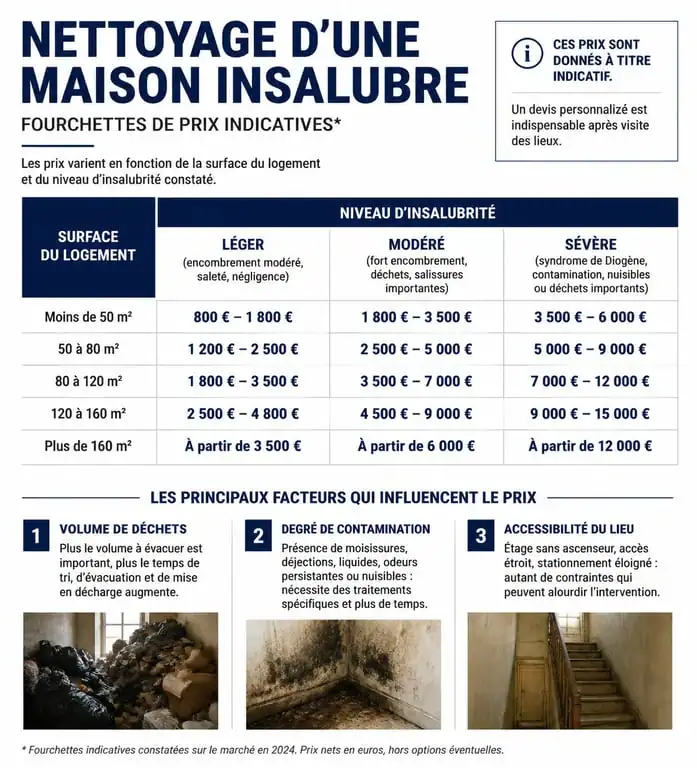 Infographie des tarifs de nettoyage de maison insalubre et facteurs de prix