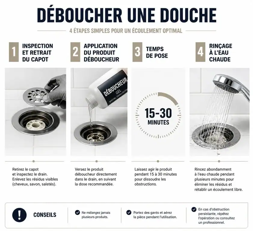Infographie étape par étape pour déboucher une douche efficacement avec un produit adapté